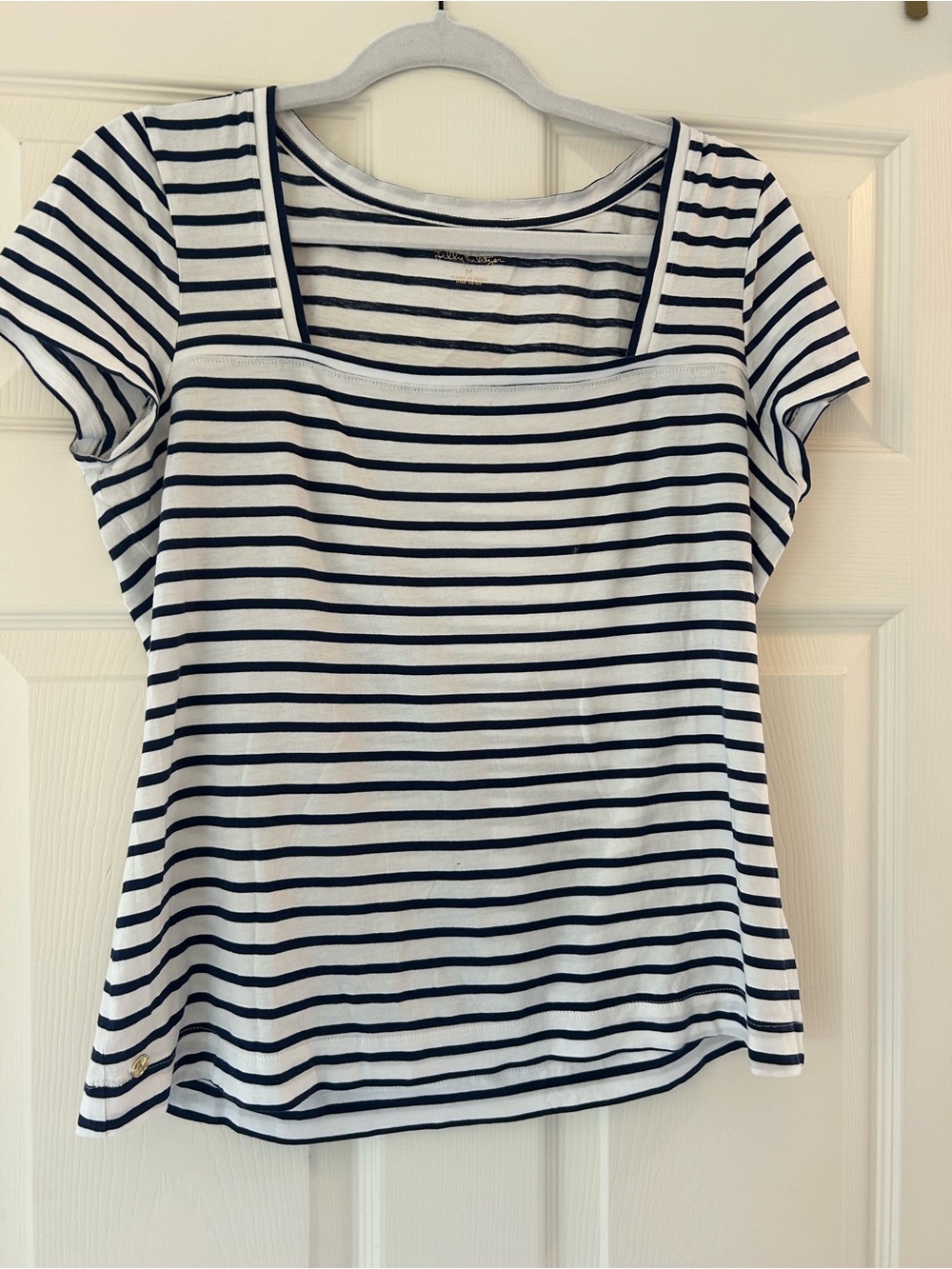 Women’s Navy and White Striped Short Sleeve Square-Neck Tee